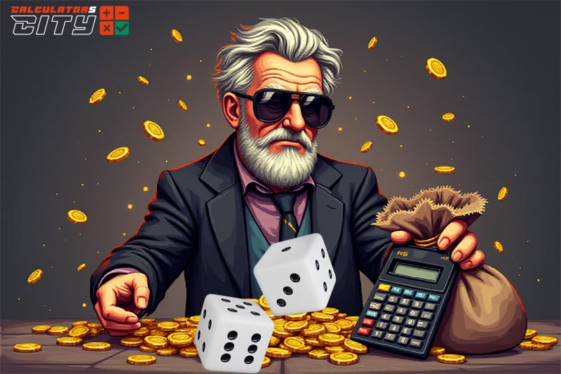 A man with a pile of gold is playing dice 