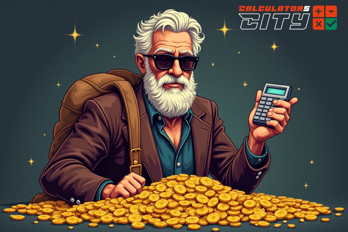 An old man with a bunch of gold is playing BC Game Mines and use Calculator