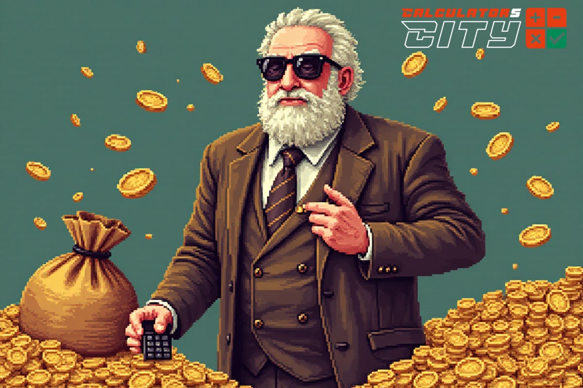 An old man with a bunch of gold is playing Roobet Mines and use Calculator