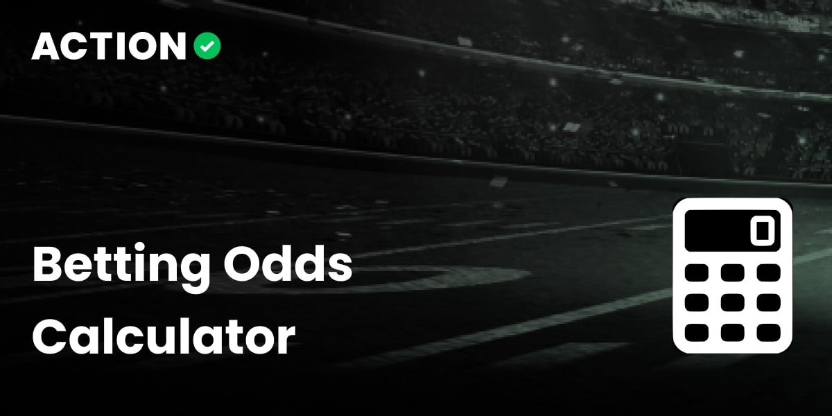 Fondo oscuro con un campo o estadio deportivo difuminado. En primer plano, un texto blanco reza «Betting Odds Calculator» con el icono de una calculadora a la derecha. La palabra «ACTION» aparece en la esquina superior izquierda con una marca de verificación verde, lo que indica el nombre de una marca o aplicación.