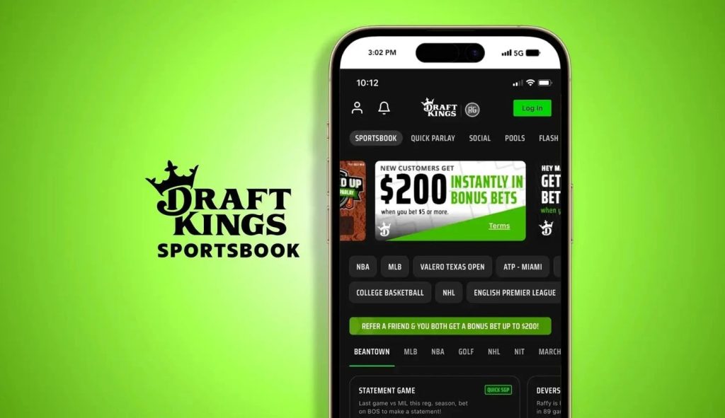 A smartphone displaying the DraftKings Sportsbook app interface on a bright green background. The app shows options for Sportsbook, Quick Parlay, Social, Pools, and Flash. A promotional banner offers new customers $200 in bonus bets. The DraftKings Sportsbook logo is visible on the left side of the image.