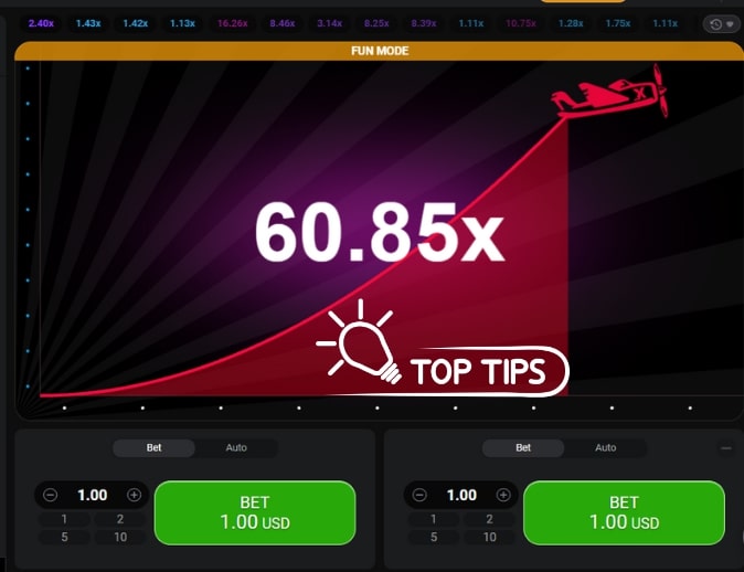 Aviator game interface in 'FUN MODE' displaying a red airplane at the peak of a steep ascent. The multiplier shown is 60.85x. A 'TOP TIPS' icon is visible. Two betting panels at the bottom show bet amounts of 1.00 USD each with green 'BET' buttons.