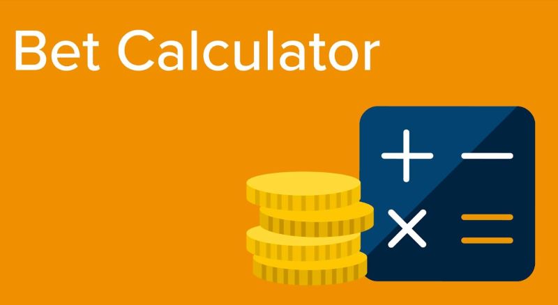 Icono de calculadora de apuestas con monedas de oro apiladas y un símbolo de calculadora azul que muestra operaciones matemáticas básicas sobre fondo naranja.