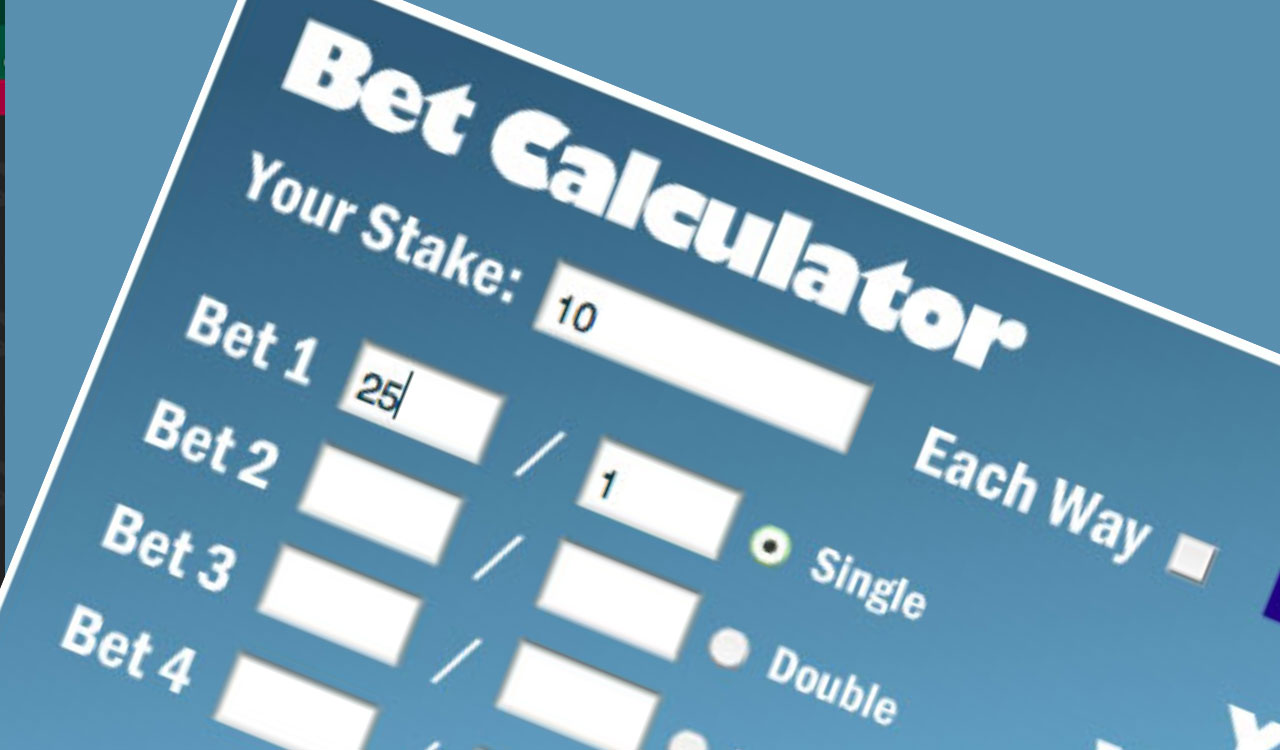 Close-up view of a bet calculator interface showing fields for stake amount, individual bet odds, and options for single or double bets. The stake is set to 10 and the first bet odds are 25/1.