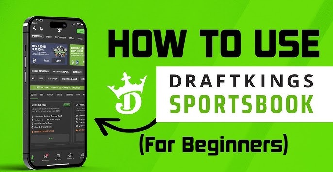 A promotional image for DraftKings Sportsbook featuring a smartphone displaying the app interface on the left side. The right side has text that reads "HOW TO USE DRAFTKINGS SPORTSBOOK (For Beginners)" in black and green text. The DraftKings crown logo is visible in white. The background is bright green.