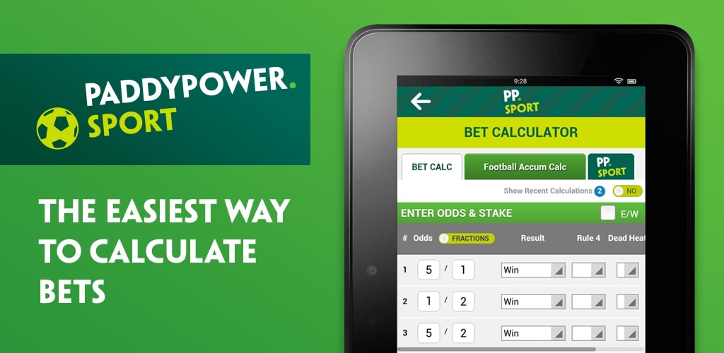 La imagen muestra una interfaz de calculadora de apuestas «Paddy Power Sport». En el lado izquierdo, hay un fondo verde con el logotipo de Paddy Power Sport, que muestra un balón de fútbol amarillo. Debajo del logo, el texto dice: «La forma más fácil de calcular apuestas».